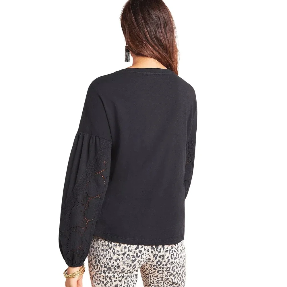 Anthropologie Eri + Ali Shiloh Balloon-Sleeved Top Boho Black Cotton Lace Size M